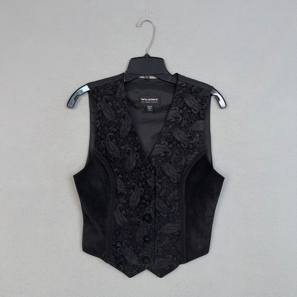 Wilsons Leather Vest Womens Medium Black Paisley Suede Trim Goth Steampunk